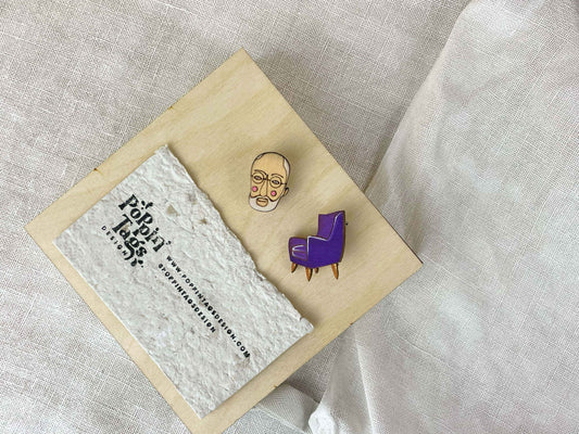 Paired Wooden Hand-painted Brooches: Sigmund Freud