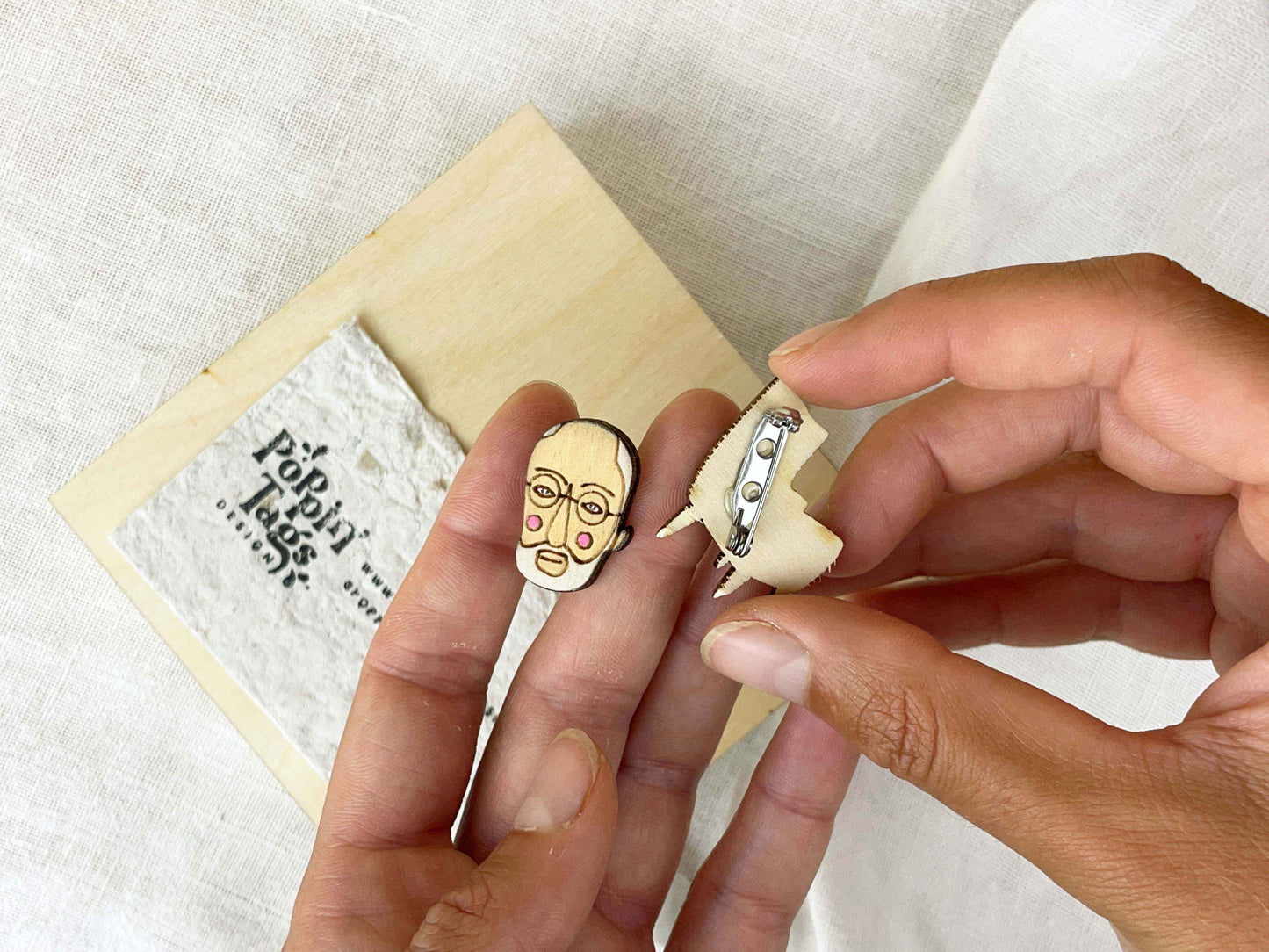 Paired Wooden Hand-painted Brooches: Sigmund Freud