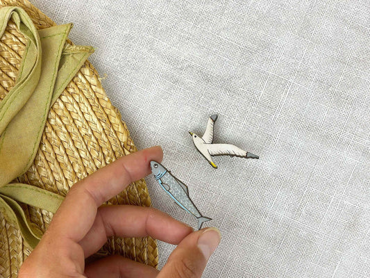 Paired Brooches: Seagull and Sardine
