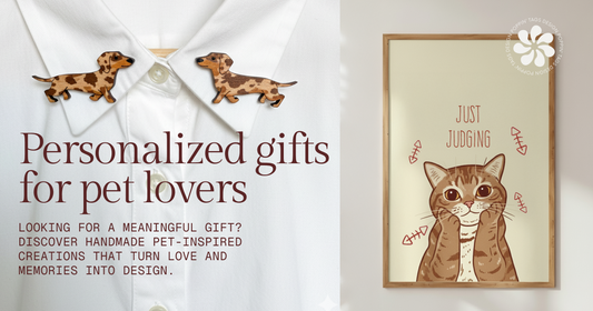 Handmade dachshund brooches and a framed cat illustration promoting personalized handmade gifts for pet lovers by Poppin’ Tags Design.