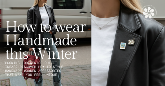 A woman wearing handmade wooden pins on a black leather jacket — part of Poppin’ Tags Design’s guide “How to Wear Handmade This Winter,” featuring sustainable and stylish winter outfit ideas.