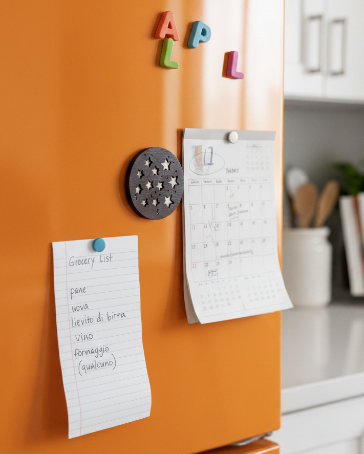 Orange retro fridge decorated with out Cookie Magnet, alphabet magnets, and notes.