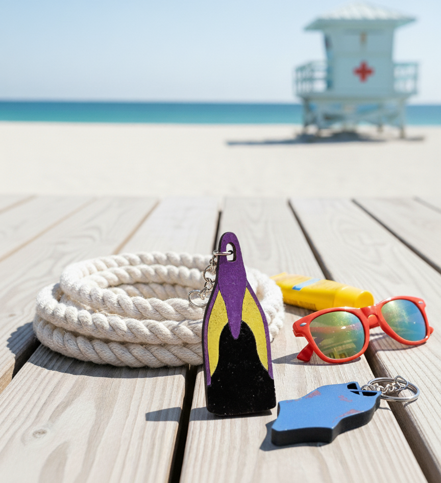 Flat lay of a beach-themed setup with a flipper keychain, rope, sunglasses, and sunscreen on wooden planks with the sea in the background.