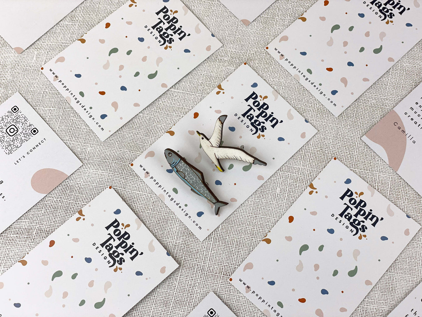 Paired Brooches: Seagull and Sardine