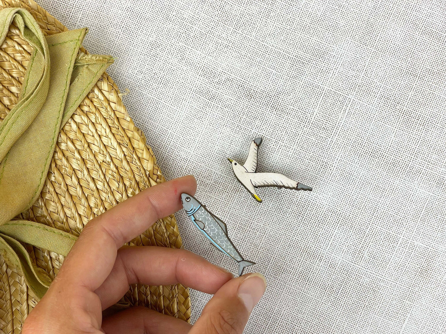 Paired Brooches: Seagull and Sardine