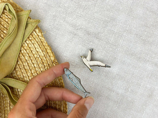Paired Brooches: Seagull and Sardine